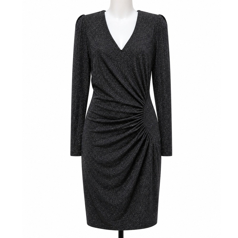 Liu Jo Milano Black Shimmer Jersey Lurex Ruched V-Neck Sheath Dress WA1227 J4018